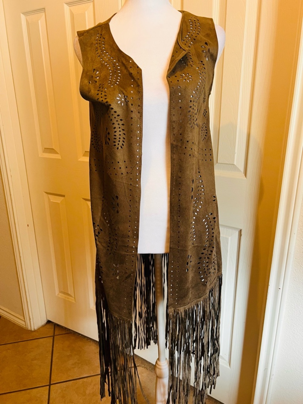 Olive Suede Fringe Vest - Women's Sleeveless